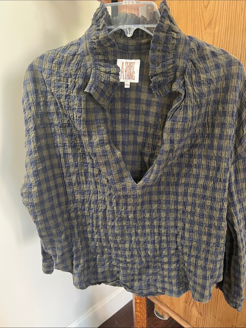 A Shirt Thing Blue and Olive Checked Lightweight V-Neck Blouse s/p
